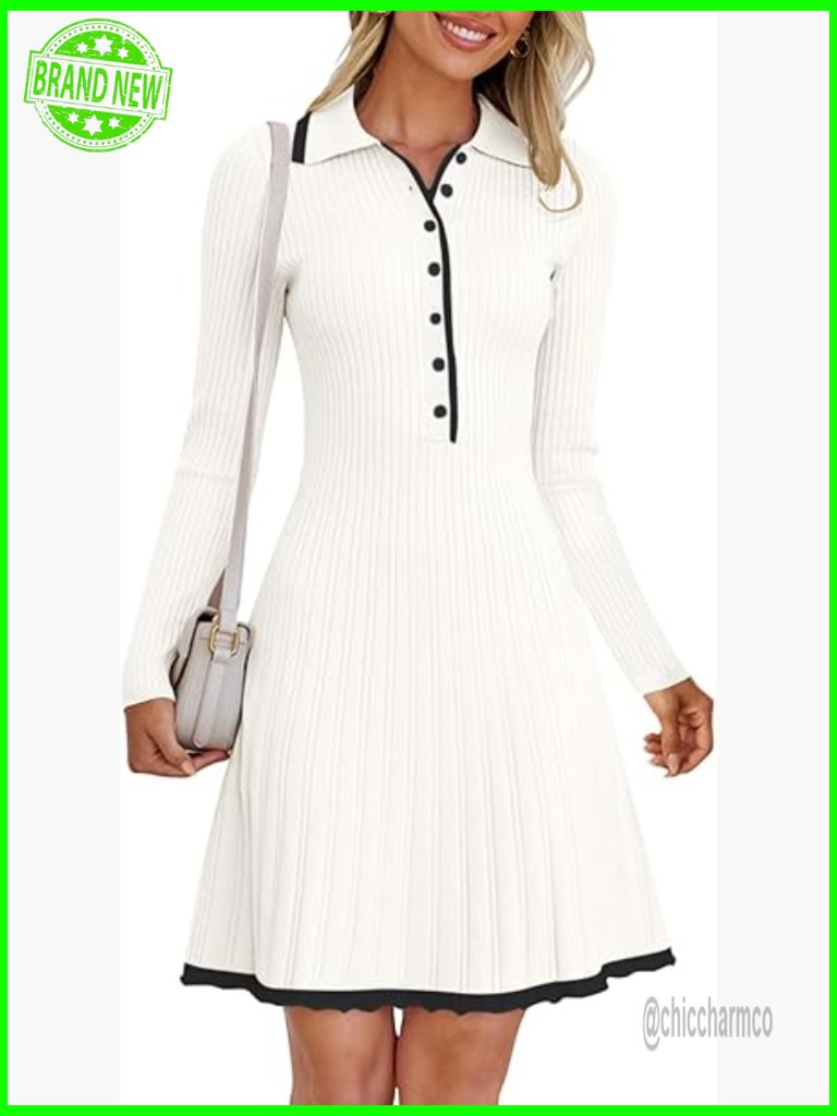 Long Sleeve V-Neck Sweater Dress Button Down Mini Work Casual